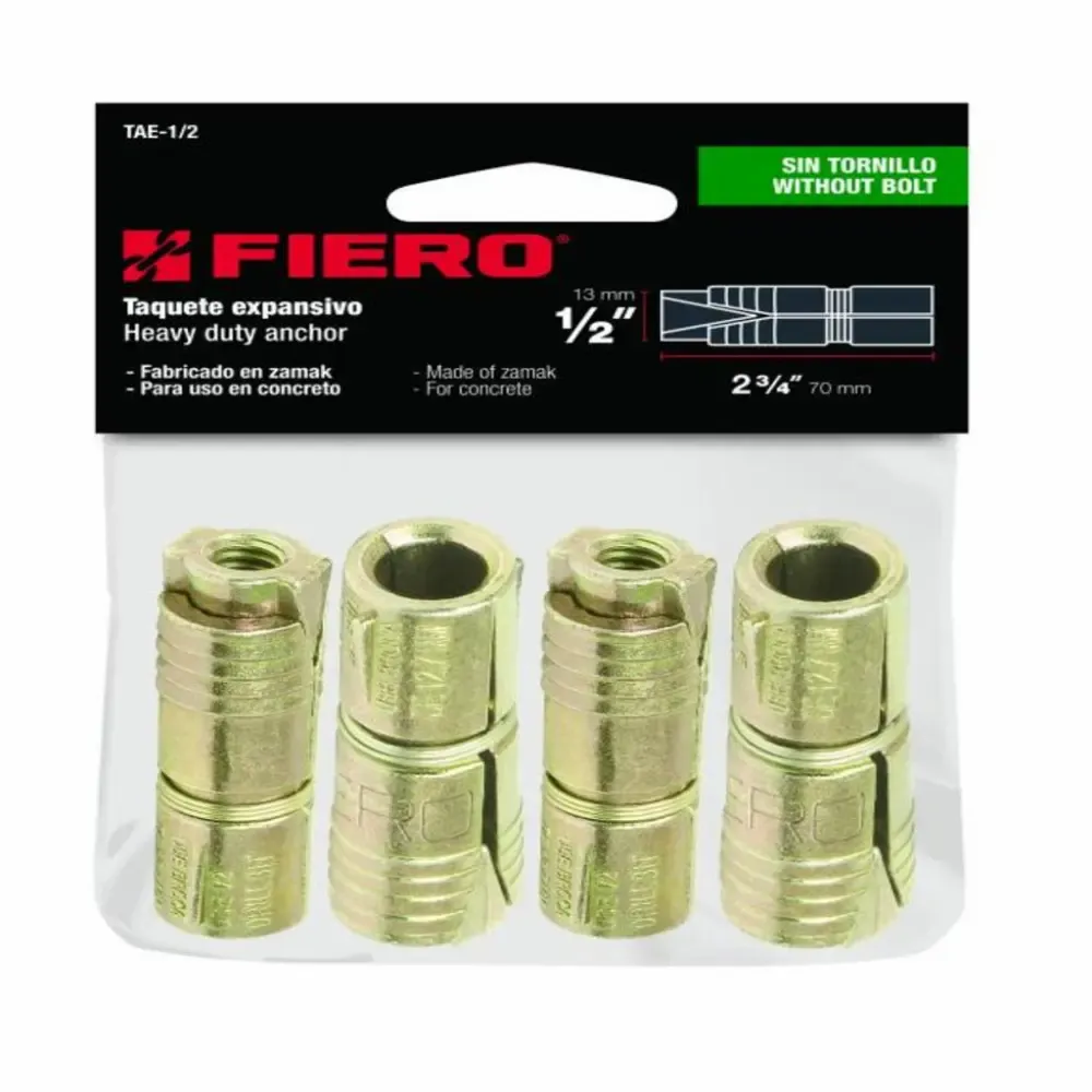 Taco Expanansion Metalico Rosca 1/4" Fiero 1/2X1.3/4plg 4Piezas.