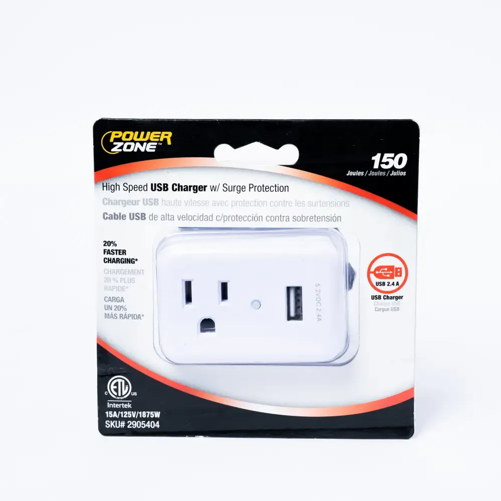 Protector Blanco 1-Salida Y 1-Puerto Usb Power Zone 2.4Amp 150Jlt