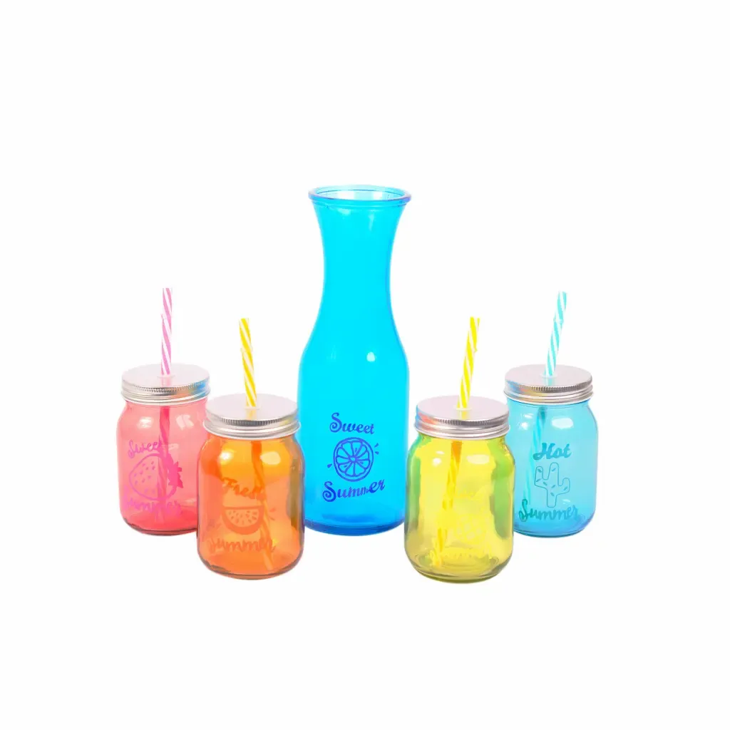 Jarra Con Vasos De Pajilla Colores Surtido Excellent Houseware 9-Piezas 1.Lts
