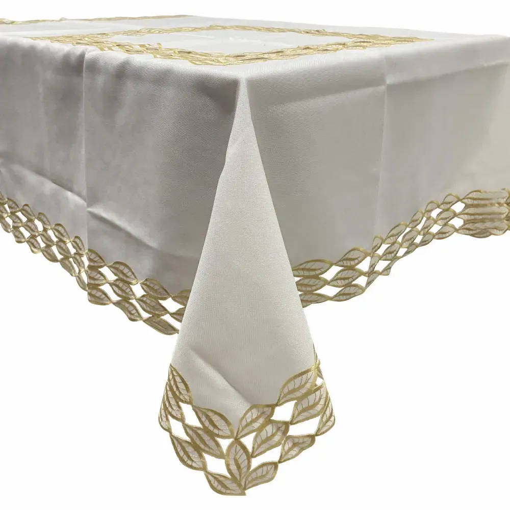Mantel 175Cm Con 6 Servicio Hoja Blanco Dorado