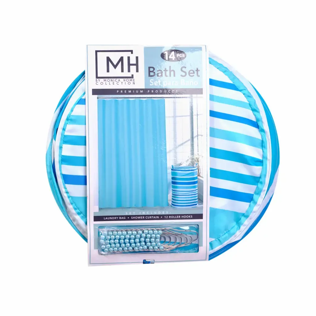 Cortina Turqueza Con Bolsa De Lavanderia Para Baño M.H.180X180Cm 14-Piezas 