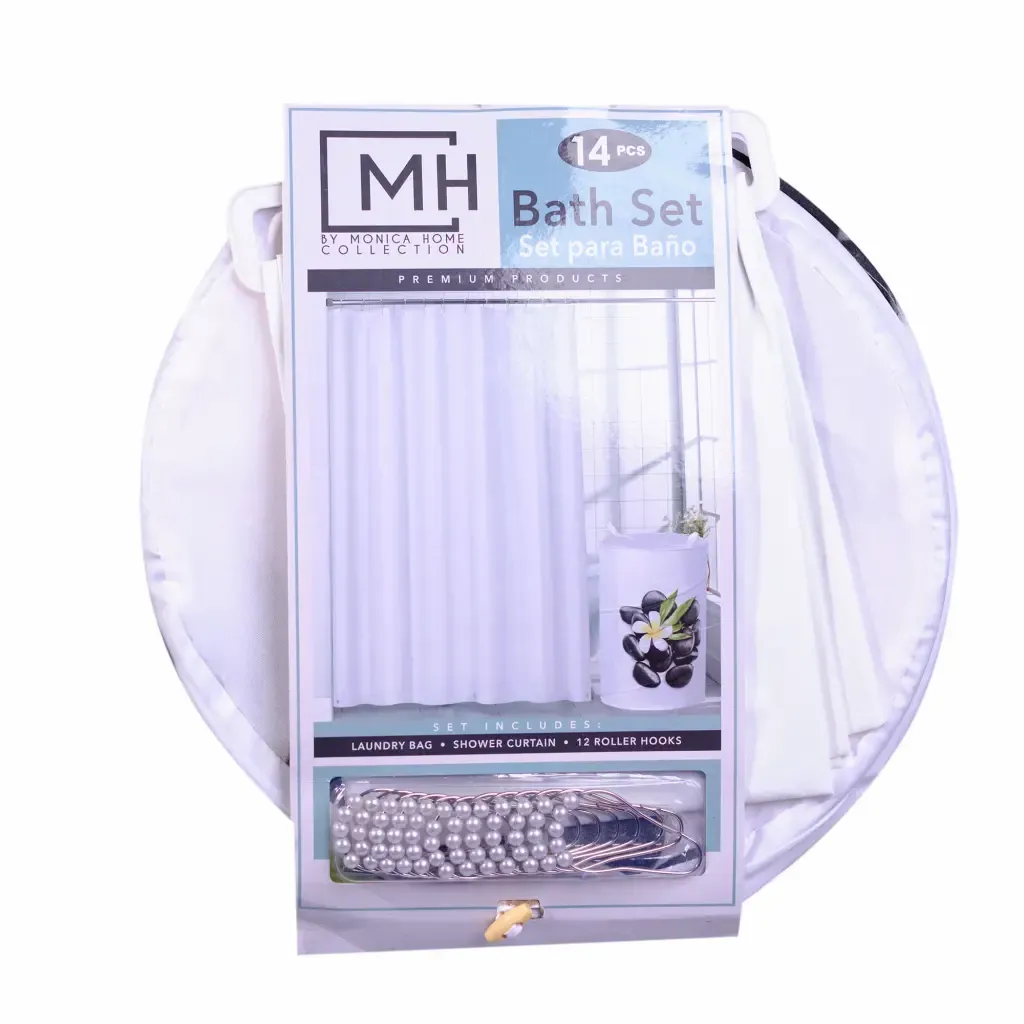 Cortina Blanca Con Bolsa De Lavanderia Para Baño M.H. 180X180Cm 14-Piezas