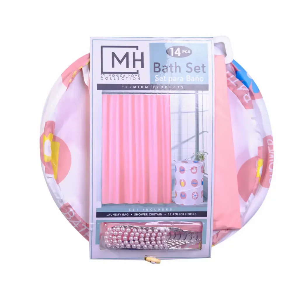 Cortina Coral Con Bolsa De Lavanderia Para Baño M.H. 180X180Cm 14-Piezas
