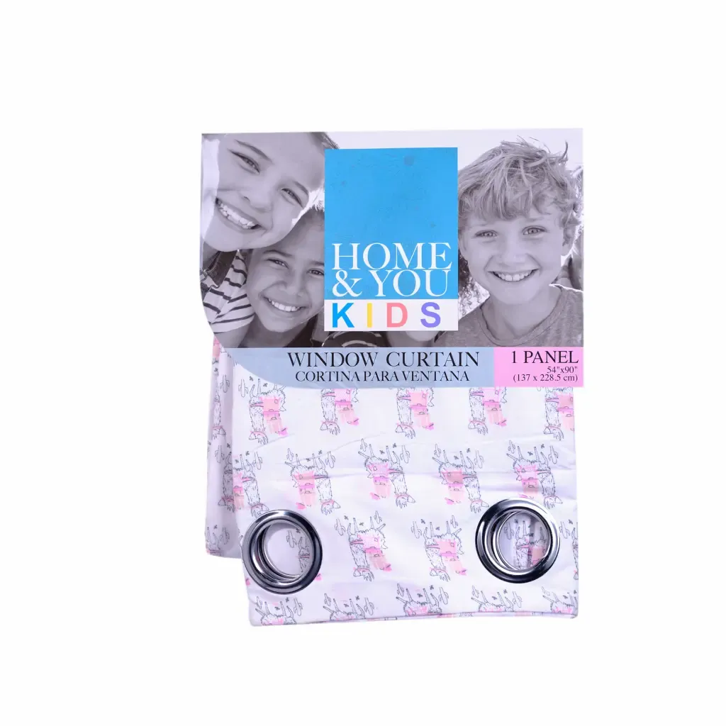 Cortina Infantil Blanca Diseño Llama Con 8-Aros Home & You Kids  54X90Plg 