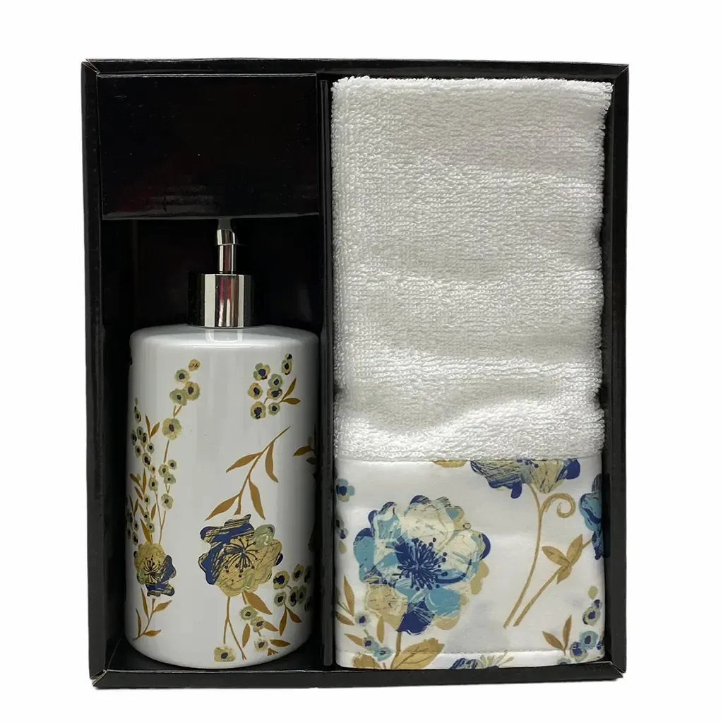 ACCESORIOS PARA BAÑO 2 PIEZAS 470ML DISPENSADOR Y TOALLA FLORES 
