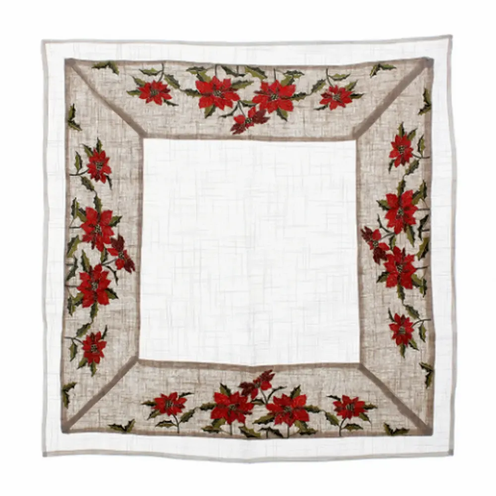 Mantel Navideño 34X34Plg. Cuadrado Ponsetia Rojo Blanco