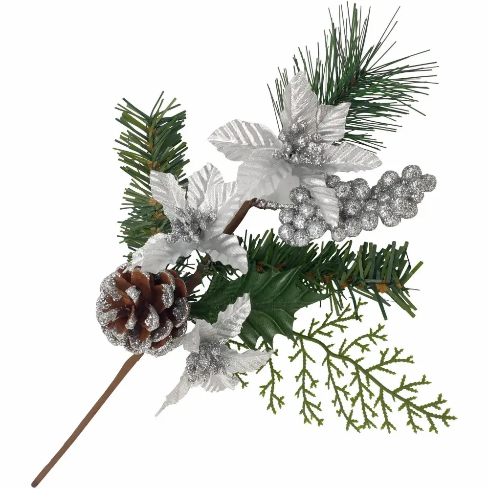 Adorno Navideño Pick Decorado 33Cm Ponsetia Con Bellota Plateado