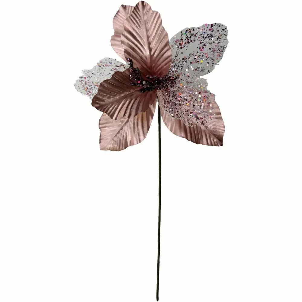 Adorno Navideño Flor Decorada 54Cm Magenta Plata Escarchada