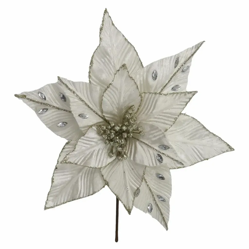 PLANTA ARTIFICIAL NAVIDAD FLOR 31X31X30CM PONSETIA BLANCO DORADO CON DIAMANTE