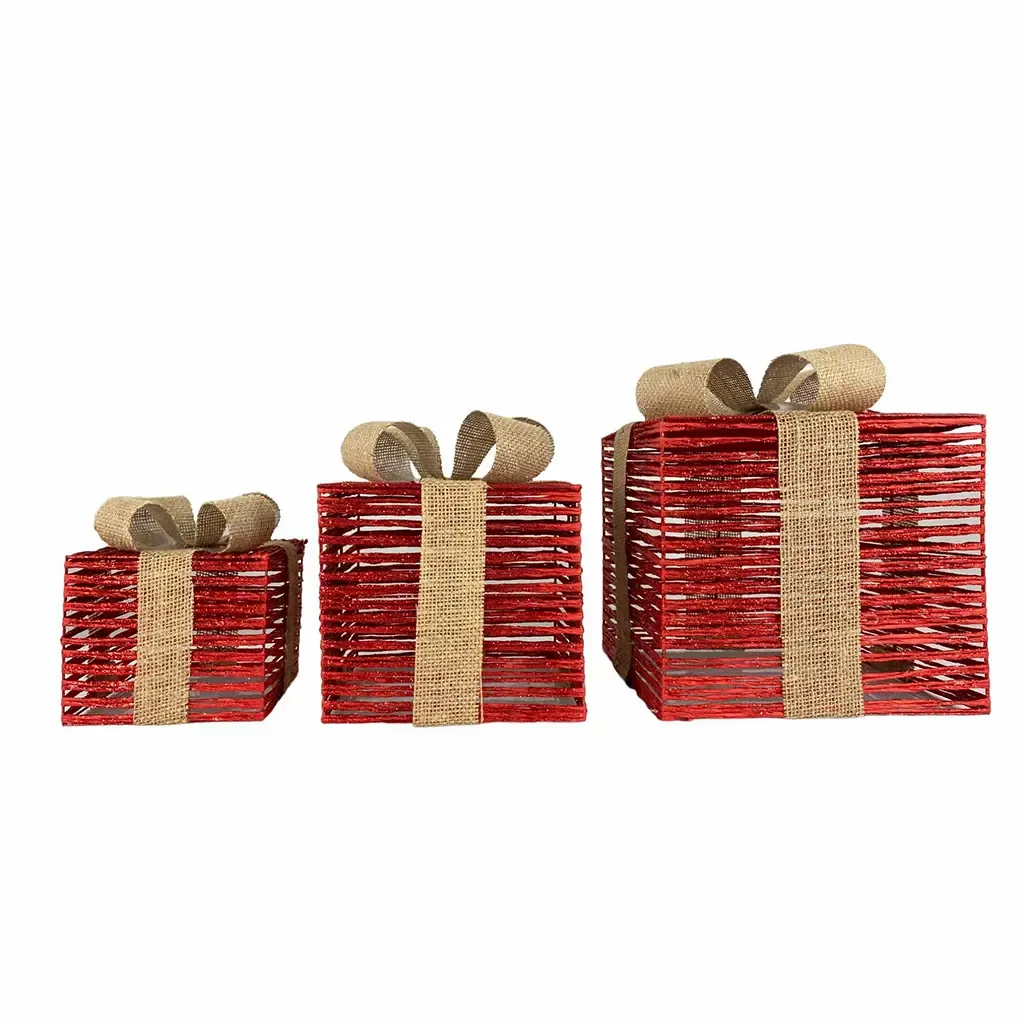 ADORNO NAVIDAD CAJA DE REGALO 3 PIEZAS ROJO CAFÉ